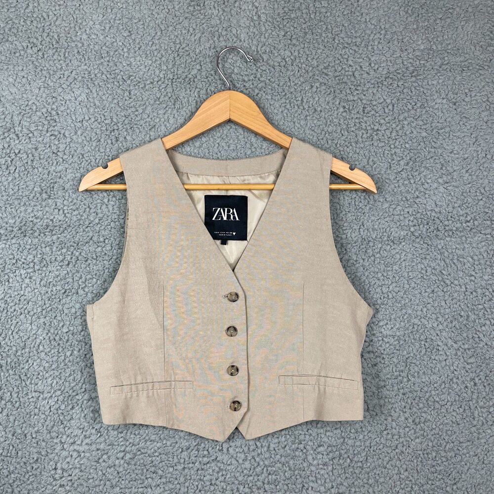 ๐3/$30๐ Zara Linen Blend Taupe Vest Button Tailored Waistcoat V-Neck Medium - Picture 3 of 7